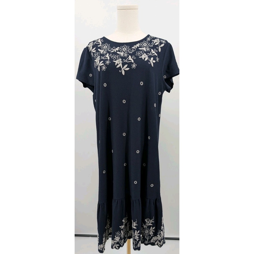 J Jill Navy Blue Embroidered Cotton Knit Sheath Dress Size M Boho Coastal Beach